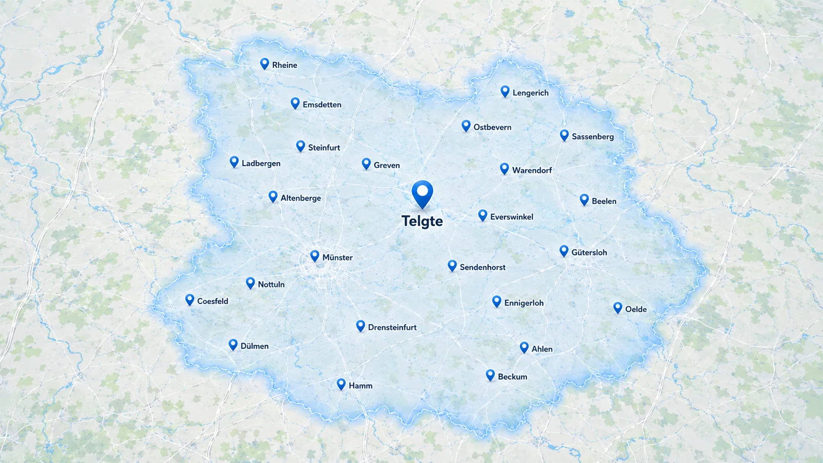 Einsatzgebiet von Mo’s Mobile Fahrzeugaufbereitung: Telgte und rund 50 Kilometer Umkreis, unter anderem Münster, Warendorf, Everswinkel, Ostbevern, Sendenhorst, Sassenberg, Greven, Ahlen, Emsdetten, Beckum, Hamm und Gütersloh
